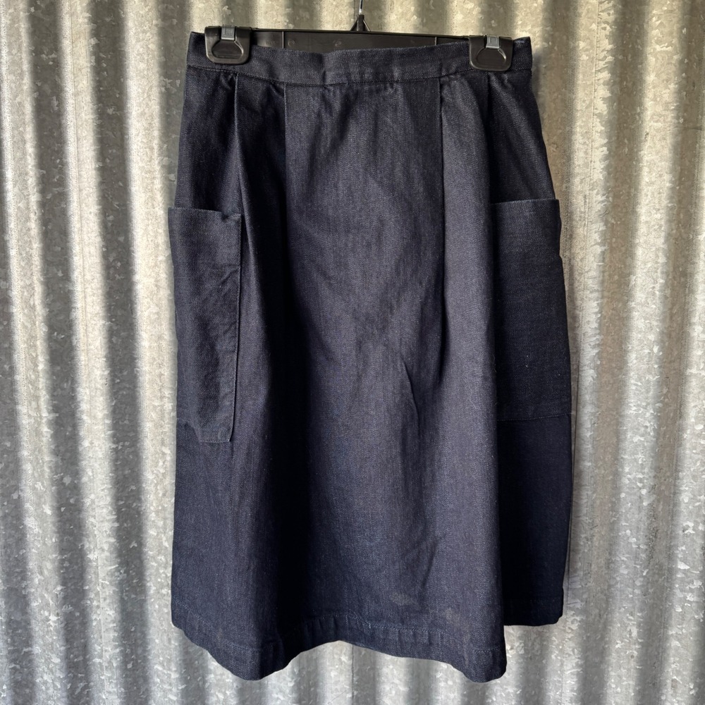 Ines De La Fressange Uniqlo Denim Midi Skirt Indigo Blue Pleated Pocket 4 133644